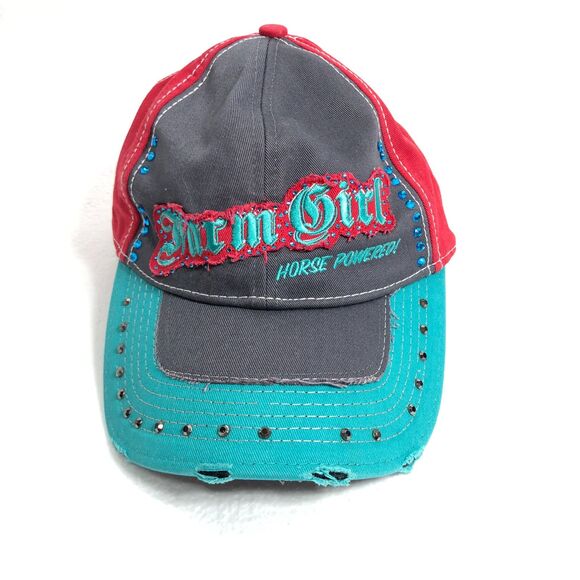Farm Girl Womens Red Aqua Hat Cap with Rhinestones One Size - Picture 1 of 12